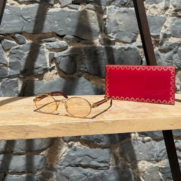 Cartier Other - Must de Cartier Vintage Giverny Gold Plated Round Bubinga Wood Sunglasses